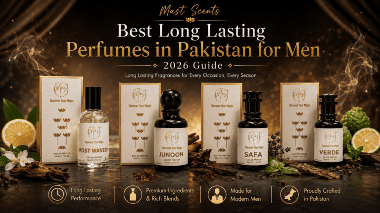 Best long lasting perfumes in Pakistan for men by Mast Scents including Most Wanted, Junoon, Safa, Shahkaar and Verde