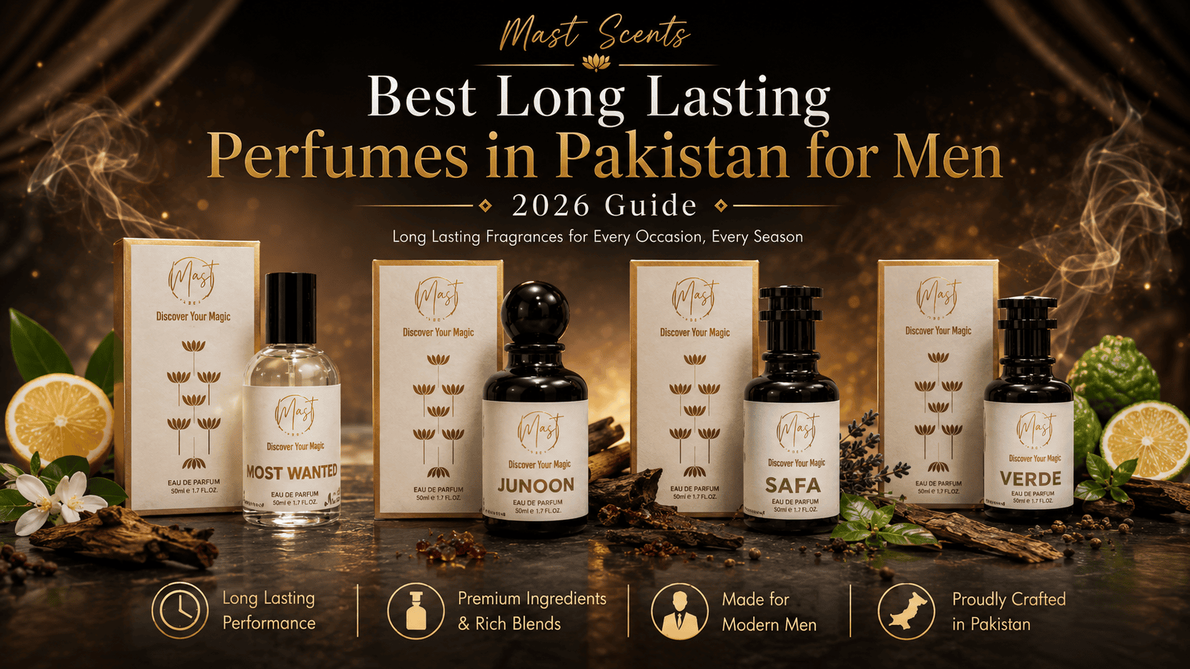 Best long lasting perfumes in Pakistan for men by Mast Scents including Most Wanted, Junoon, Safa, Shahkaar and Verde