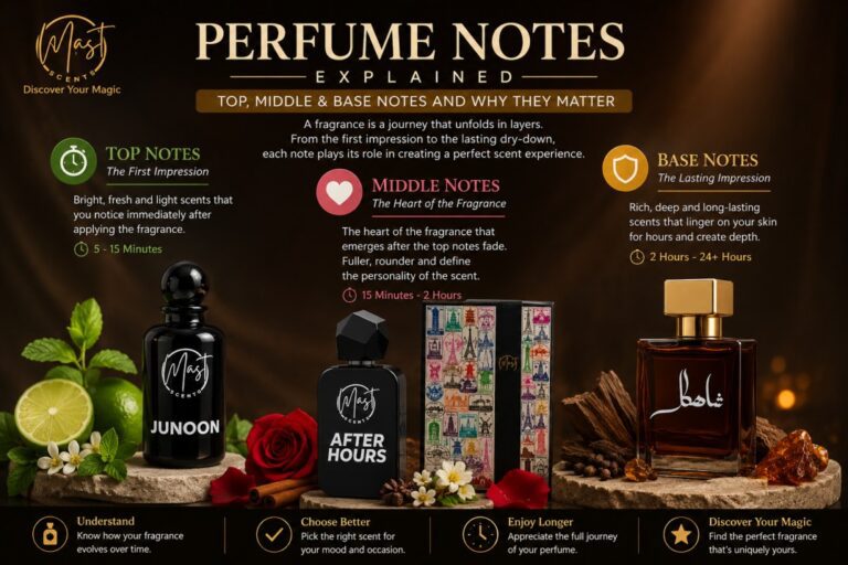Perfume notes explained with top, middle and base notes by Mast Scents
