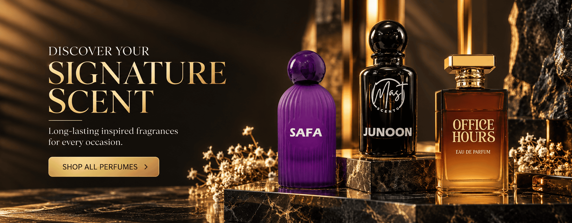 Mast Scents luxury perfume collection featuring Safa, Junoon and Office Hours fragrances