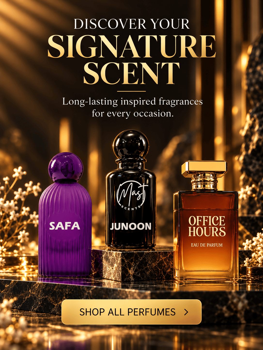Mast Scents perfume collection featuring Safa, Junoon and Office Hours fragrances